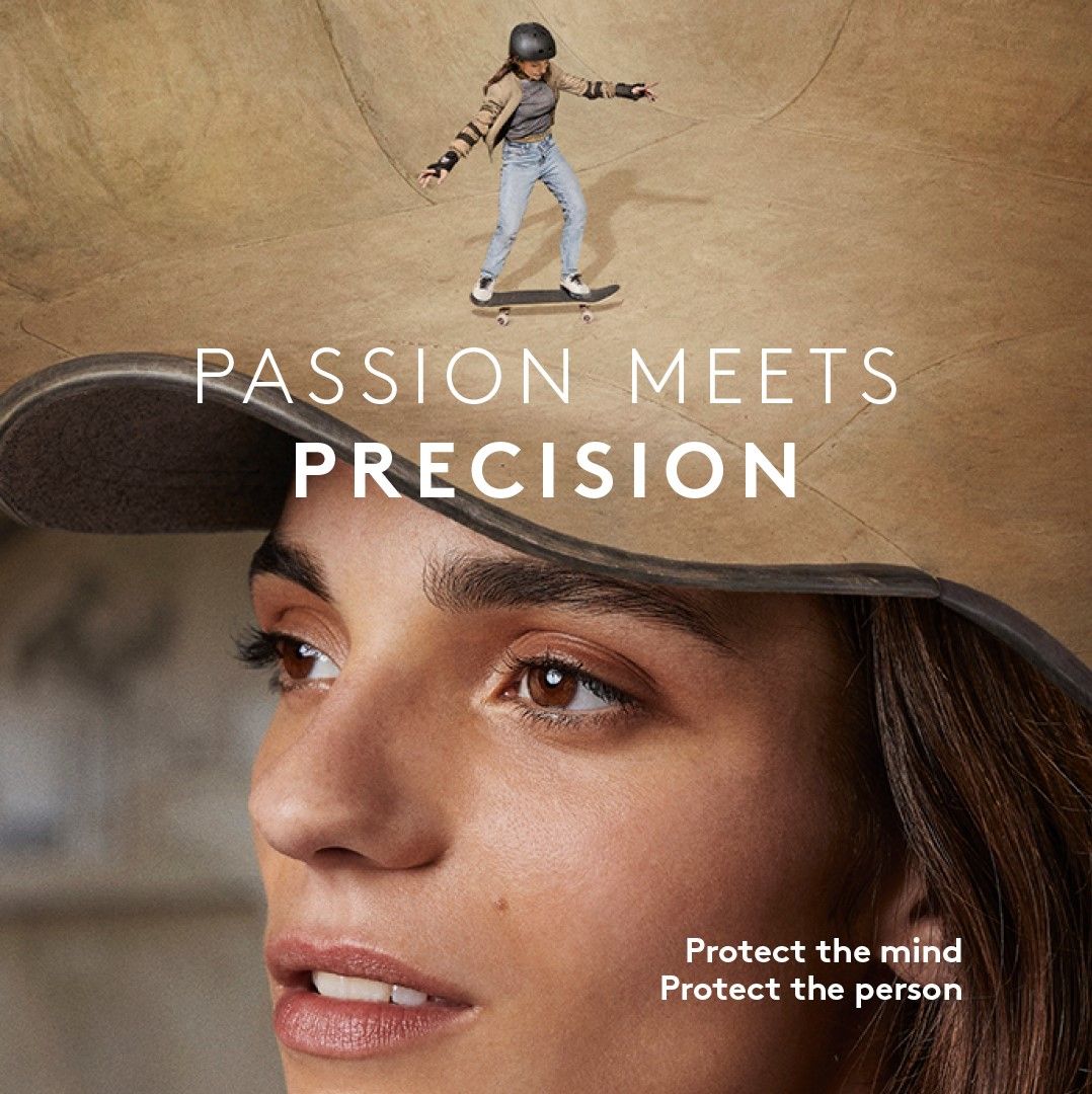 Close up of woman's face and woman skateboarding